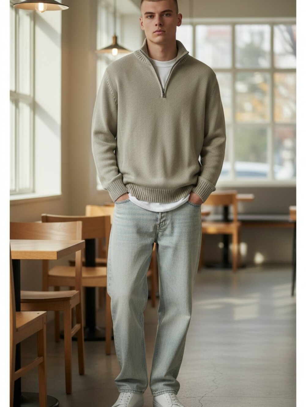 BLUE Pronto Uomo beige 100% Cotton Zip Mens Pullover Grandpa Sweater Large Shirt